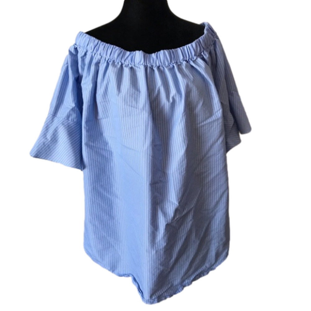 Grand & Greene pinstripe cotton bell sleeve blouse top.  Blue. Size large.
